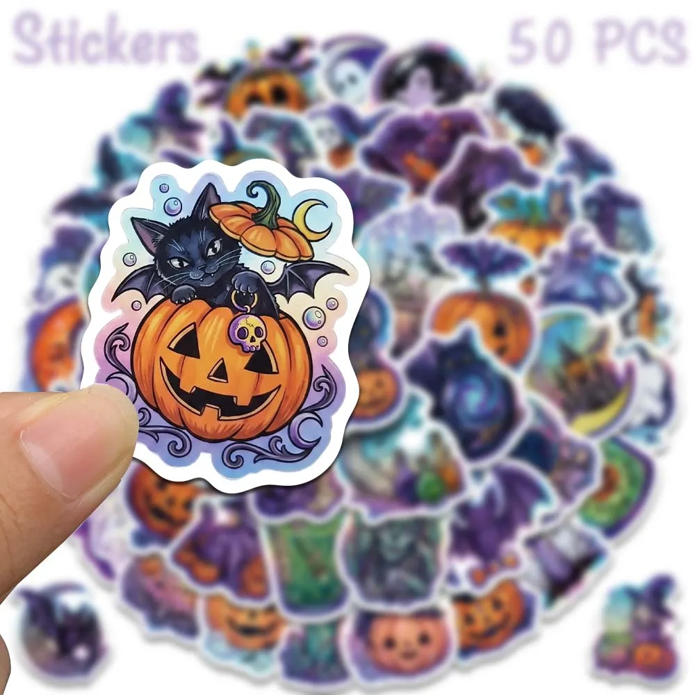 50pcs Halloween Laser Film Stickers Holographic Cute Spooky Ghost Pumpkin Witchy Decals For Laptop Guitar Scrapbook Party Gifts