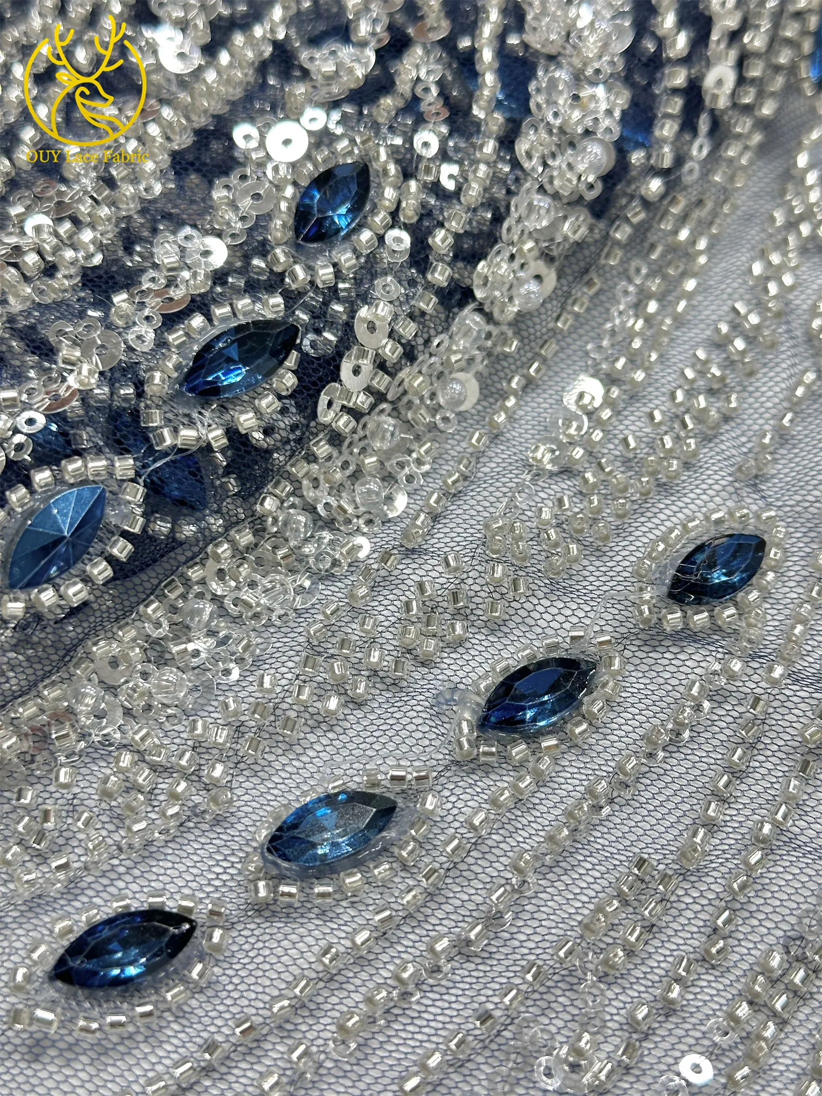 Marineblauer, hochwertiger, luxuriöser, österreichischer Diamant-Perlen-Spitzenstoff im neuen Stil 2026, afrikanischer Pailletten-Spitzenstoff für Brautkleider und Hochzeitsfeiern. – Detail 29