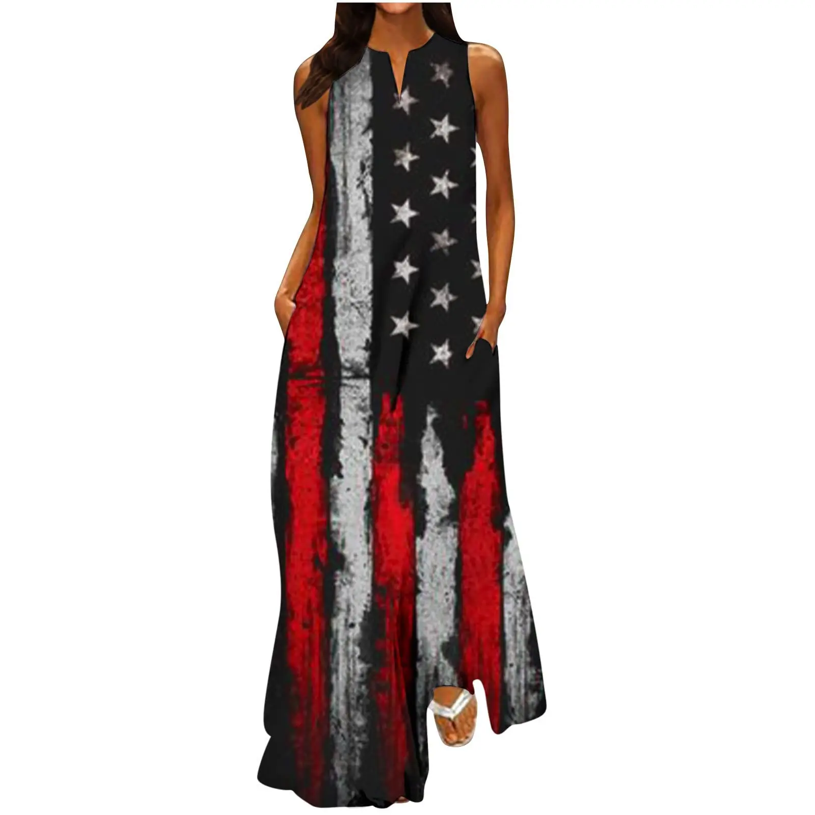 

American Flag Dress Women Fashion Party Evening Dresses Maxi Long Dress Sleeveless Robes Usa Flag Vestido Vintage Sundress Beach