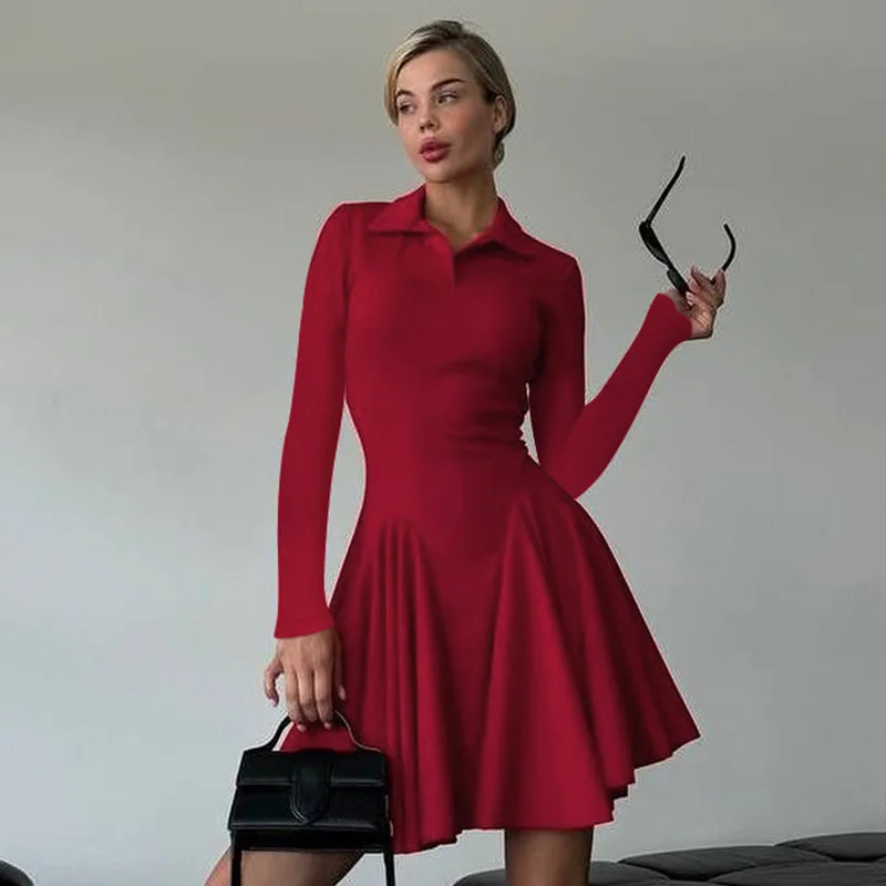 

Women'S Clothing Autumn New Style Fashionable Simple Spicy Girl Style Solid Color Waist Cinched Shirt Polo Collar Dress