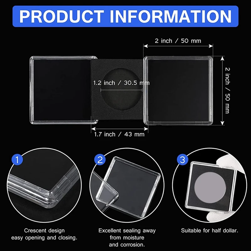 Soporte de monedas de dólar de plata, cápsula de monedas de plástico a presión, 2X2, medio dólar, 20 unidades
