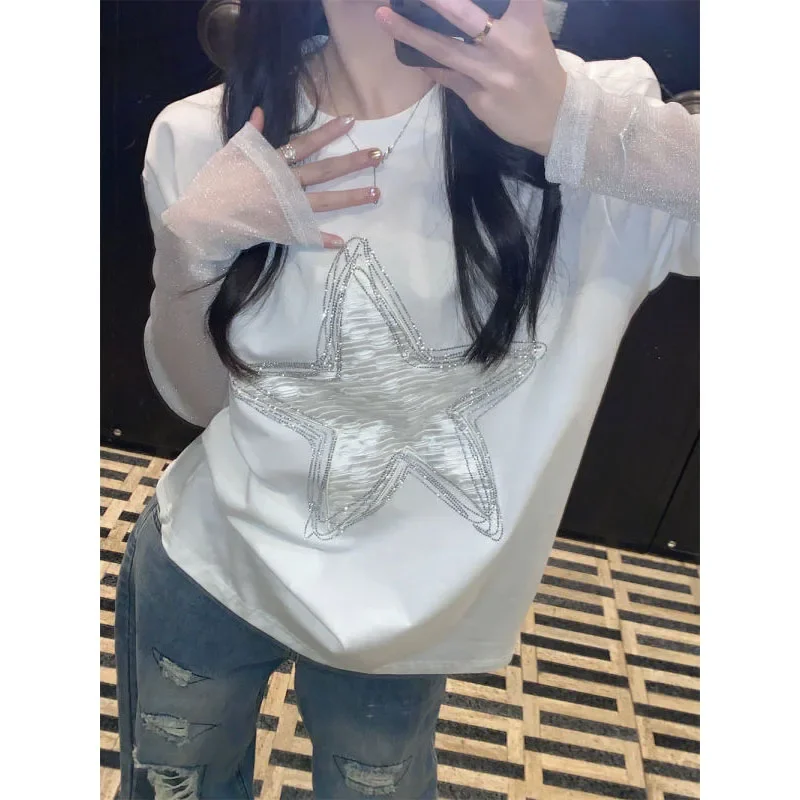 Minimalist 2024 Summer New Women\'s Crew Neck Stars Diamonds Casual Spliced Gauze Long Sleeve Fashion Loose Sweet T-shirt Tops