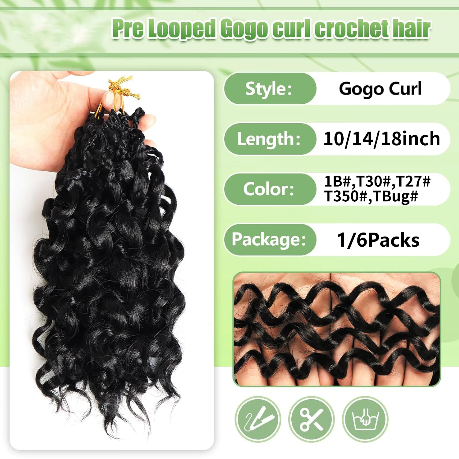 프리 루프 고고 컬 크로셰 헤어 1/6팩 합성 프리 트위스트 짧은 곱슬 크로셰 헤어 (흑인 여성용 오션 웨이브)