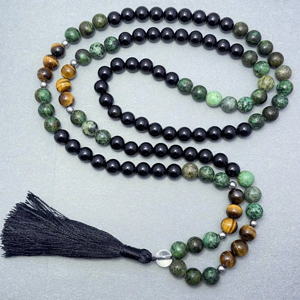 

Natural Black Obsidian 108 Beads Mala Necklace with Green Jasper & Tiger's Eye Black Tassel Spiritual Jewelry