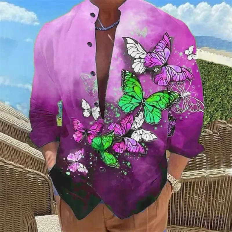 

Men's Shirt 6-color Hawaiian 3D Men's Long Sleeved Shirt Butterfly Single Button Fashionable Casual Shirt