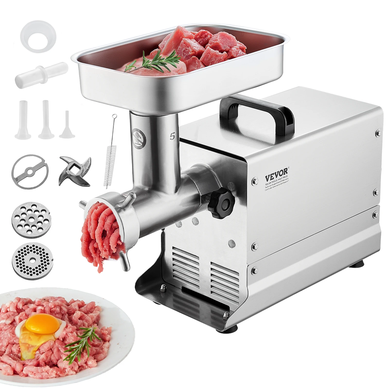 VEVOR Stainless Steel Commercial Meat Grinder, 5 Lbs/Min Capacity Electric Meat Grinders w/ Blade, Grinding Plate, Sausage Maker