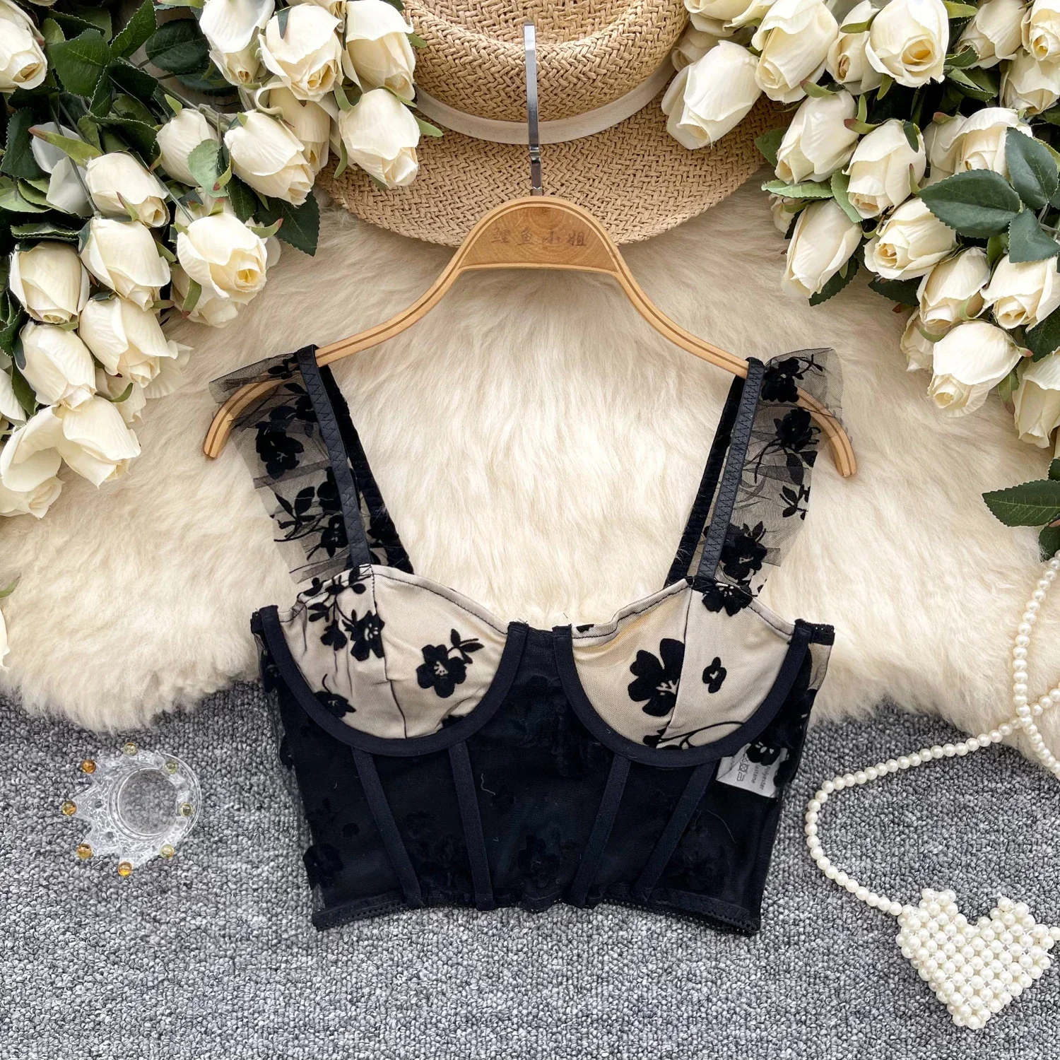 

Vintage Mesh Elegant Floral Embroidered Chic Straps Camis Top Women Sexy French Hotsweet Streetwear High Street Summer Clothing