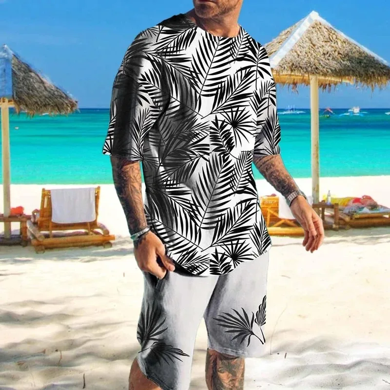 2025 New 3D Printed Hawaiian Sportswear Summer Men's Short Sleeved Shorts Set Fashion Street Wear T-shirt Sportswear