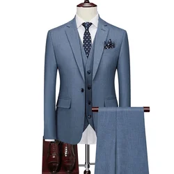 Jacket+Vest+Pants / 2023 High Quality Men Slim Suit Formal Business Groom Wedding Social Dress Blue Grey High-end Casual Tuxedo