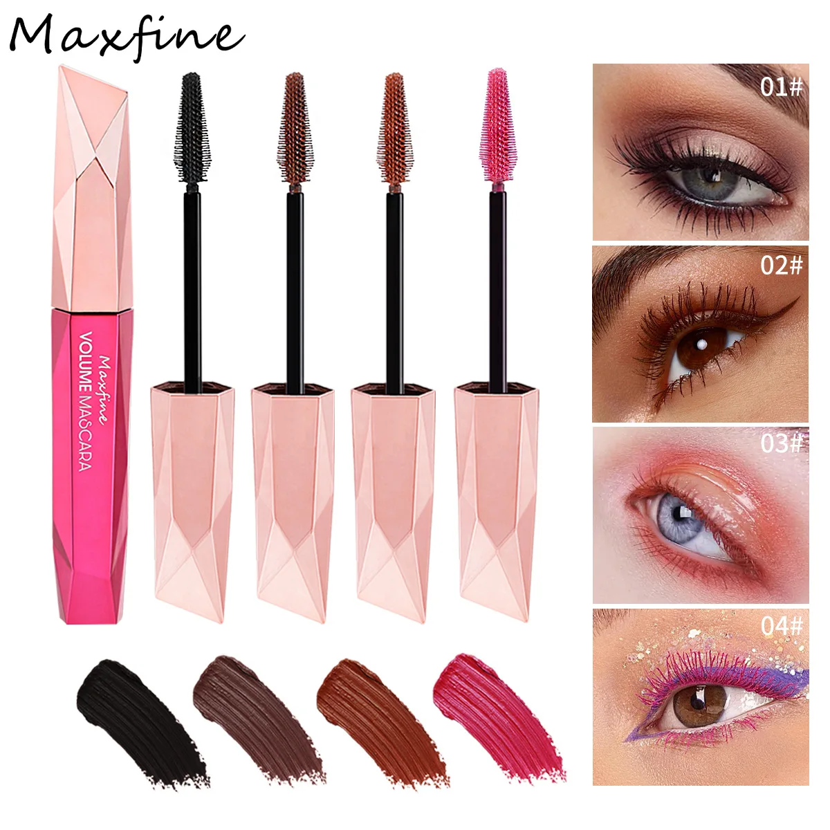 Maxfine มาสคาร่า4สีใหม่มาสคาร่ามาสคาร่าแบบหนาหยิกเพรียวบางติดทนนานมาสคาร่าแฟชั่นกันน้ำเครื่องสำอางสำหรับงานปาร์ตี้