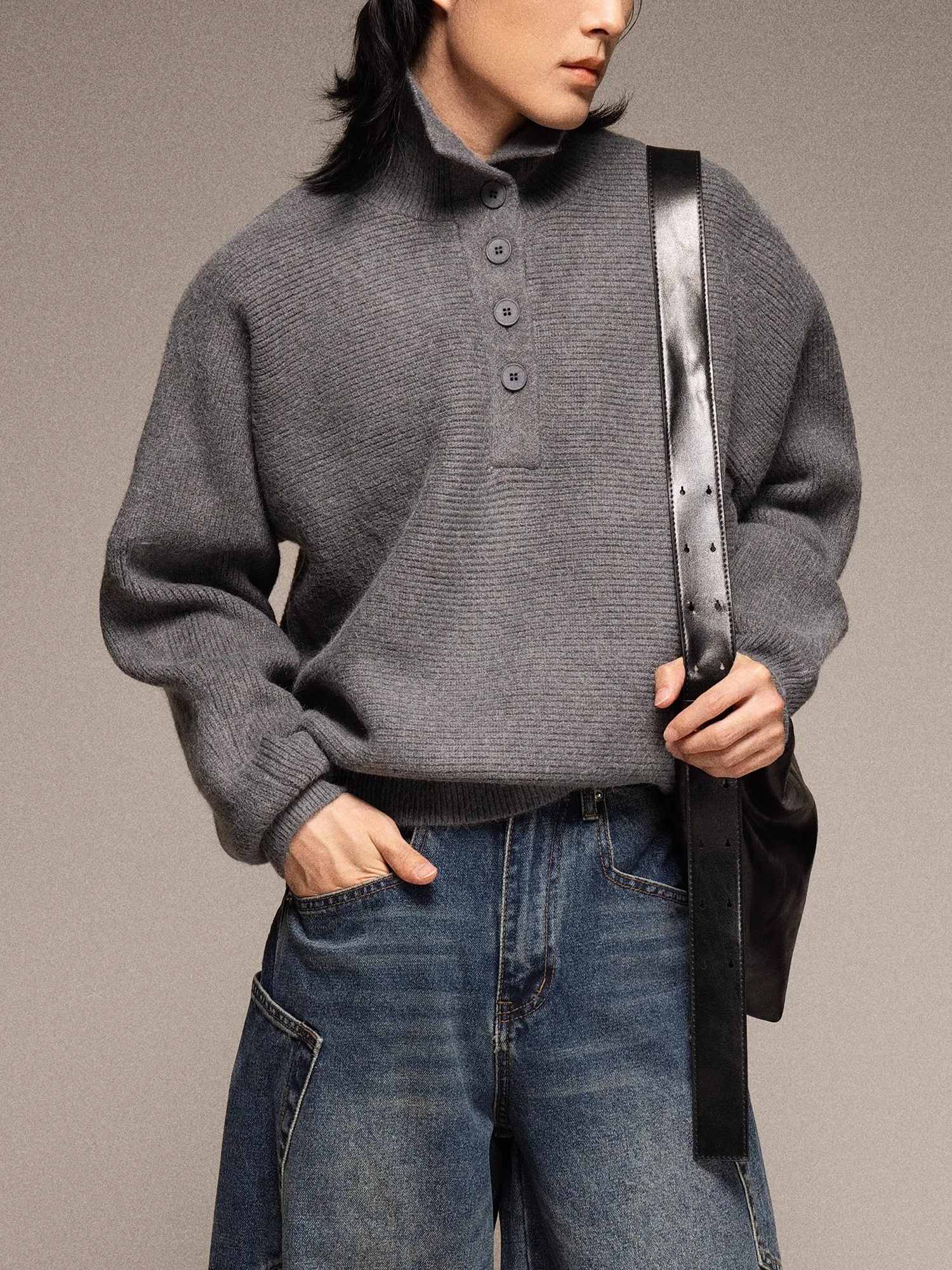 Sweater pullover men's solid color retro turtleneck knitted sweater high sense loose niche sweater plush spring and autumn style