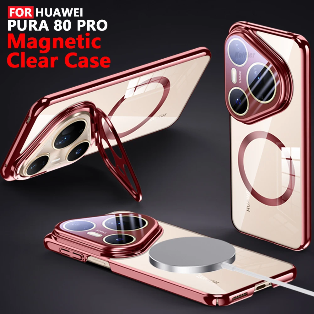 

Magnetic Clear Case for Huawei PURA 80 Pro Shockproof Transparent Cover with Built-in Camera Lens Kickstand Wireless Charging