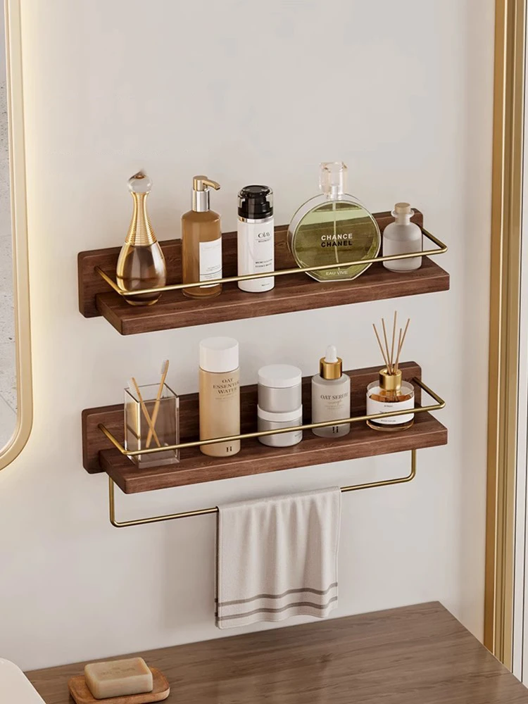 Walnut Shelving Shower Gel Storage Rack Light Luxury Retro Style Wall-Mounted Perfume And Cosmetics Punch-Free Towel rack