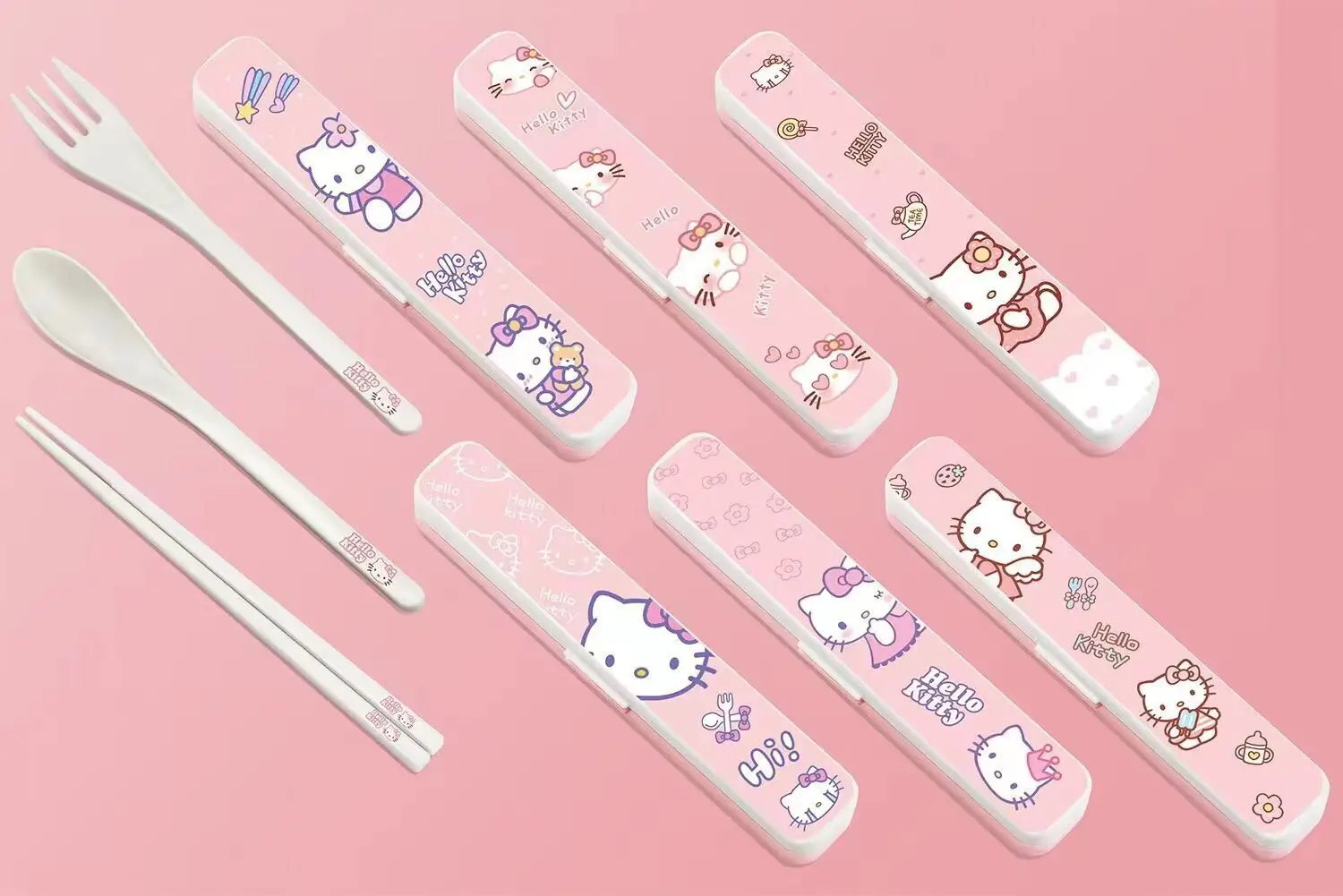 

Kawaii Sanrio Cartoon Anime Tableware Hello Kitty Children's Tableware Spoon Fork Chopsticks Set Portable Tableware Storage Box