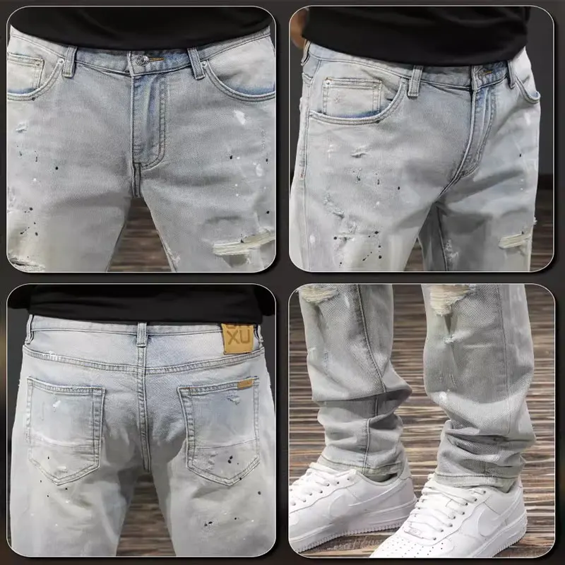 Korean fashion designer men's blue jeans retro elastic slim fit patchwork retro jeans men's casual denim pencil pants hombre