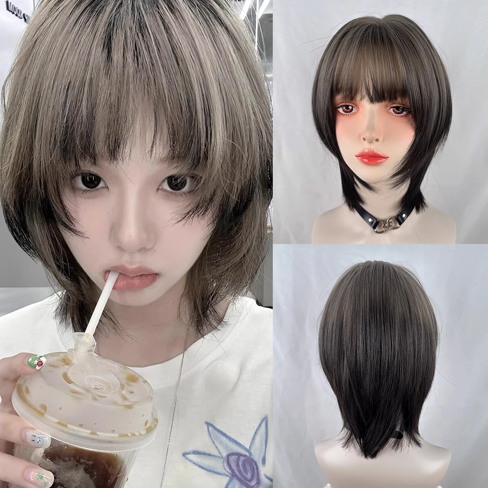 

Ombre Brown Short Synthetic Straight Wig Fluffy Lolita Cosplay Women Wig with Bangs for Daily Party