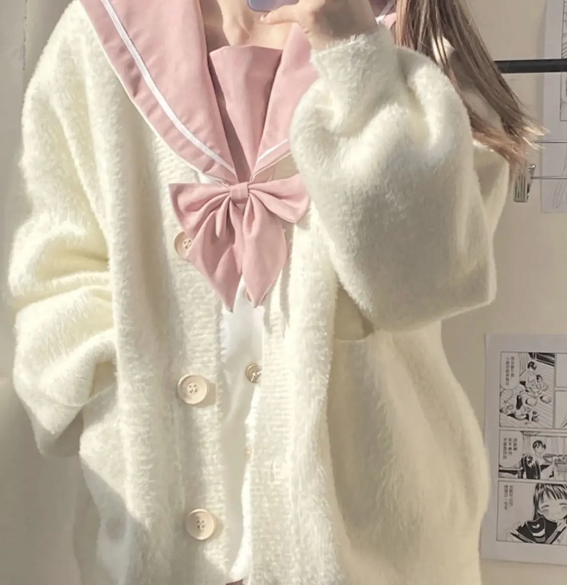 

Japanese solid color Sweater Cardigan Women Jacket Loose Knitted Sweater 2024 Autumn Winter Version of Warm Soft V-neck Coat