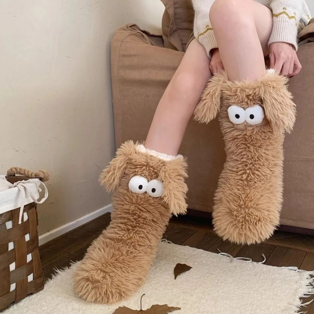 

Funny Big Eyes Slipper Socks with Puppy Ears Mid-Calf Thickened Non-slip Floor Socks Hosiery Cartoon Coral Fleece Socks Winter