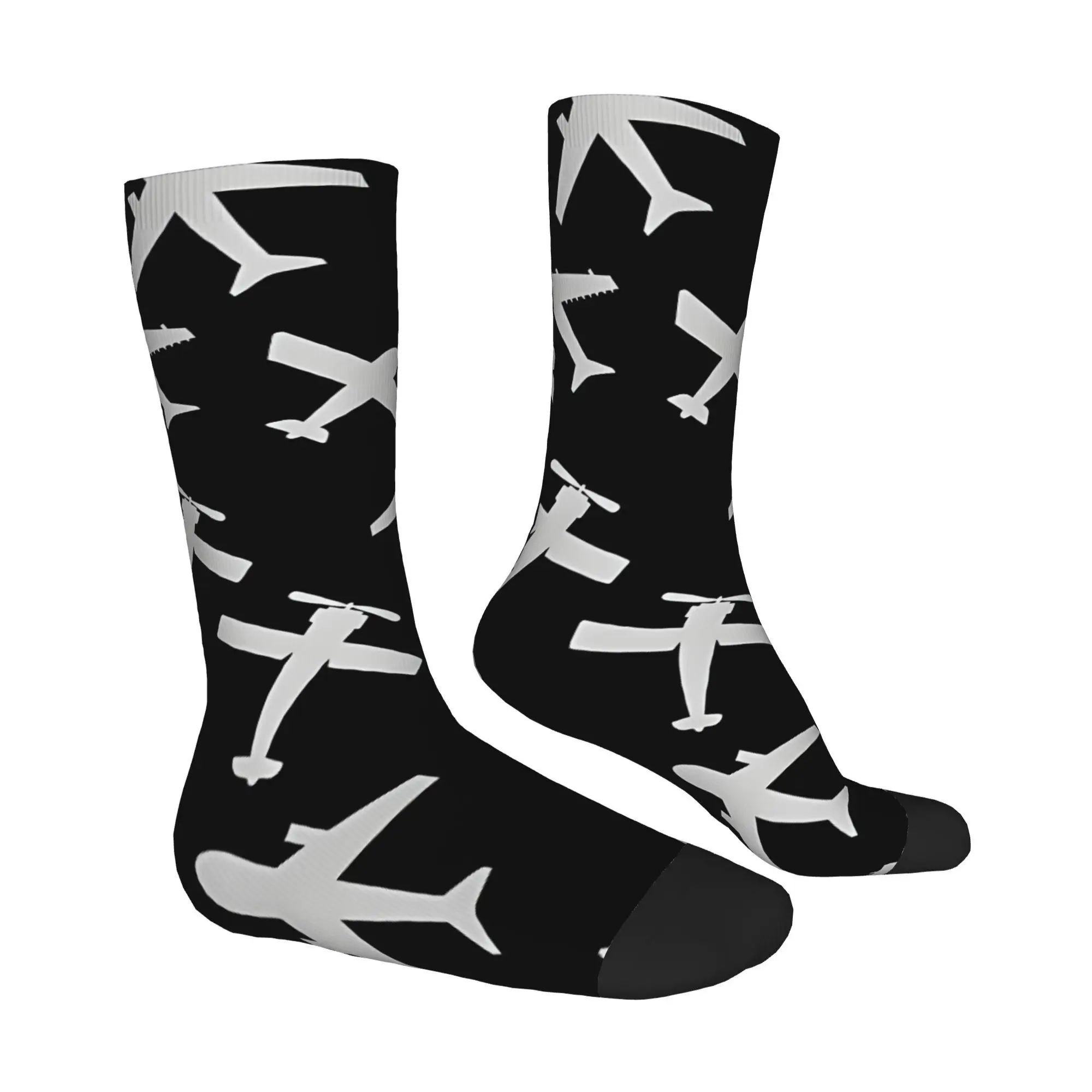 1 Pair Men'S Novelty Airplane Print Crew Socks, Polyester Blend (95% Polyester, 5% Elastane), Knit Fabric, Compression,