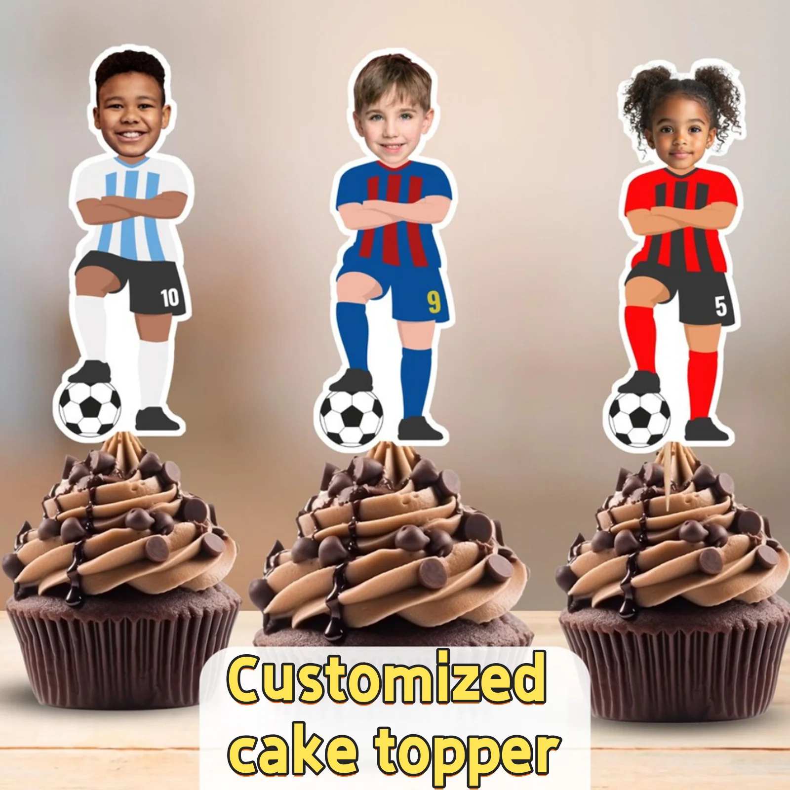

Custom Face Soccer Cupcake Toppers, Personalized Photo Football Player Jersey Cake Picks For Kids Football Themed Birthday Party