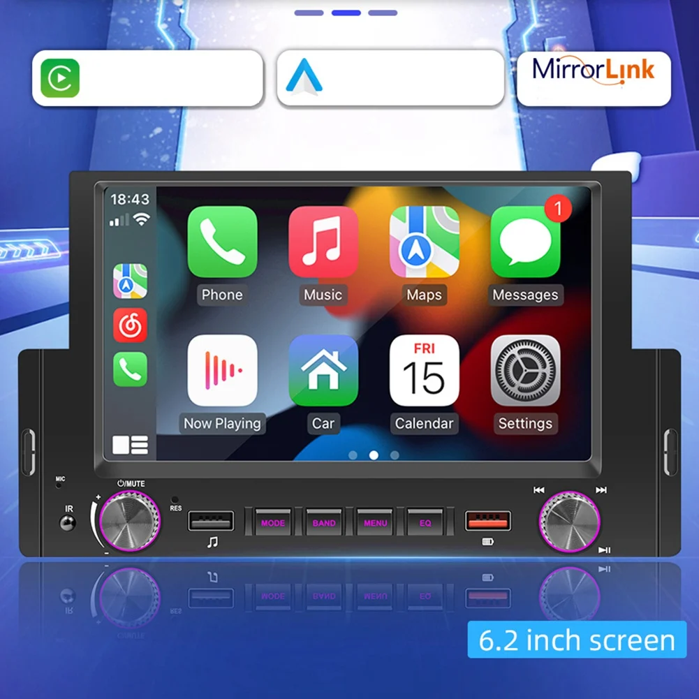 1Din 6.2Inch Screen CarPlay Android-Auto Radio Car Stereo Bluetooth MP5 Player 2USB FM Receiver Audio System Unit A