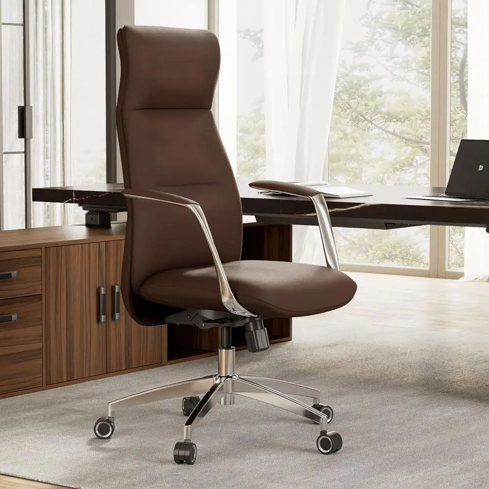 

Executive High-Back Brown Leather Office Chair - Swivel Desk Chair for Home, Big & Tall Adults with Wheels