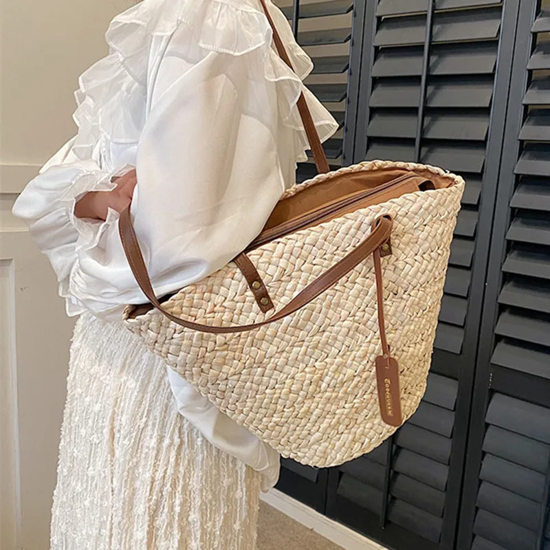 2023 Summer Straw Beach Basket Bag Fashion Women Rattan Shoulder Bag Large Capacity Woven Hand-made Handbag Female Purse Totes