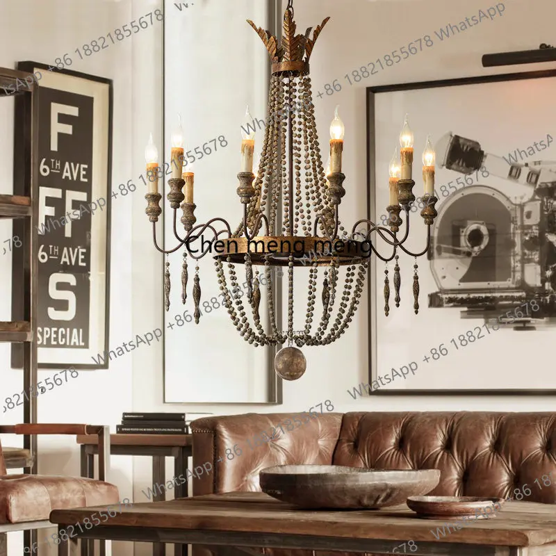 D1089 French retro wood bead chandelier, living room staircase clothing store, American candle old wrought iron restaurant lamp