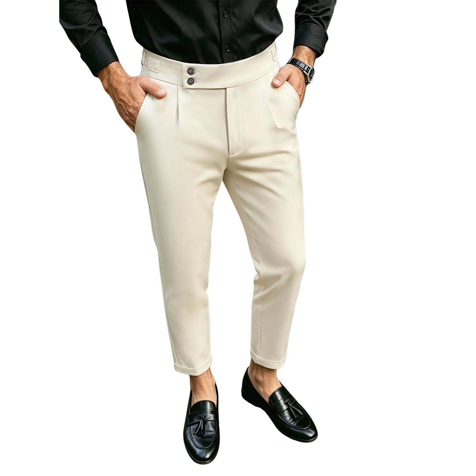 Men's Mid Waist Pleated Suit Pants Adjustable Side Buckle Business Casual Straight Trousers Formal Office Cropped Pants