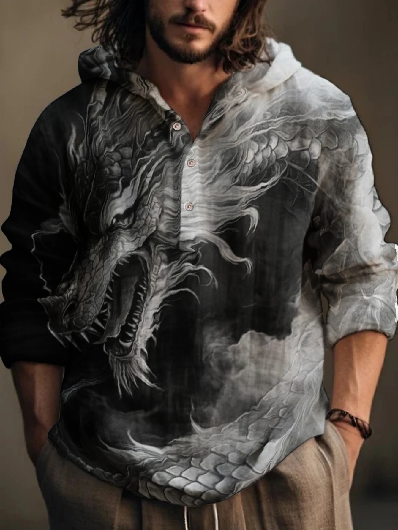 Jeans - Herenshirt met drakenprint, capuchon en lange