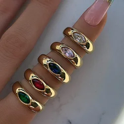 New Colorful Cubic Zircon CZ Stone Crystal Ring for Women Stainless Steel Waterproof 18K Gold Plated Statement Eye Shape Rings