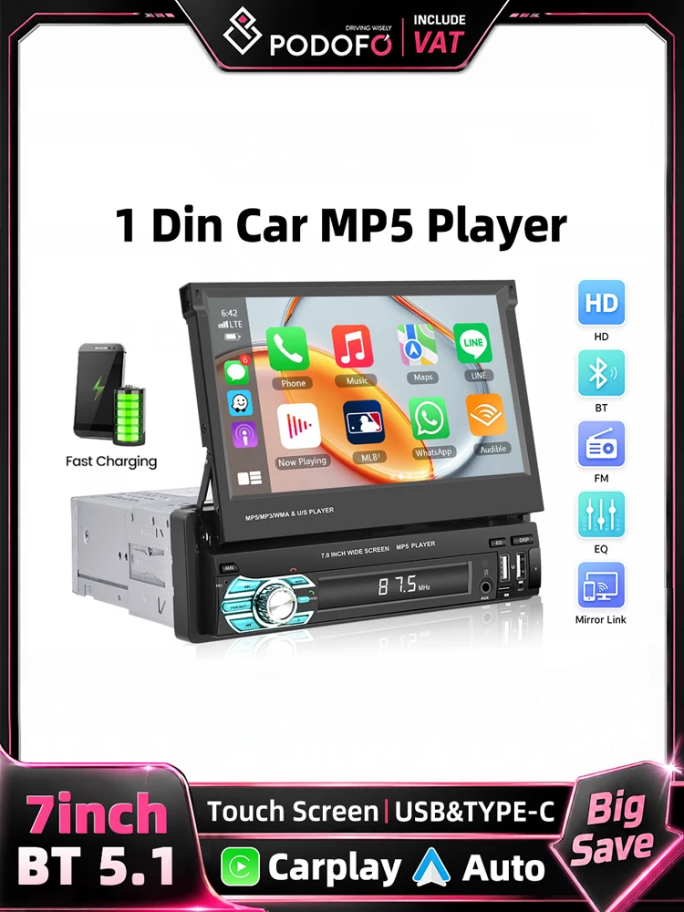 Podofo 7-calowy 1 Din HD Wyjmowany Dotykowy Ekran Radio Samochodowe MP5 Bezprzewodowy Carplay Android Auto Mirror Link BT AUX USB Radio FM Odtwarzacz Multimedialny Wideo Obsługa Sterowania z — 2
