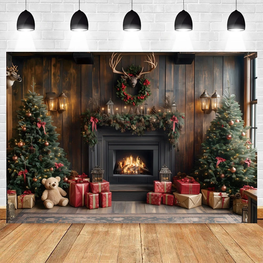 Christmas Fireplace Photography Backdrop Xmas Tree Gifts Toy Bear Socks Wreath Kids Portrait Family Party Decor Photo Background