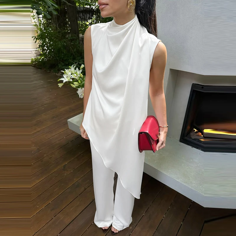

Lady Casual Loose Commute Outfits White Turtleneck Sleeveless Irregular Vest And Pants Sets Summer Beach Vacation Two Piece Sets