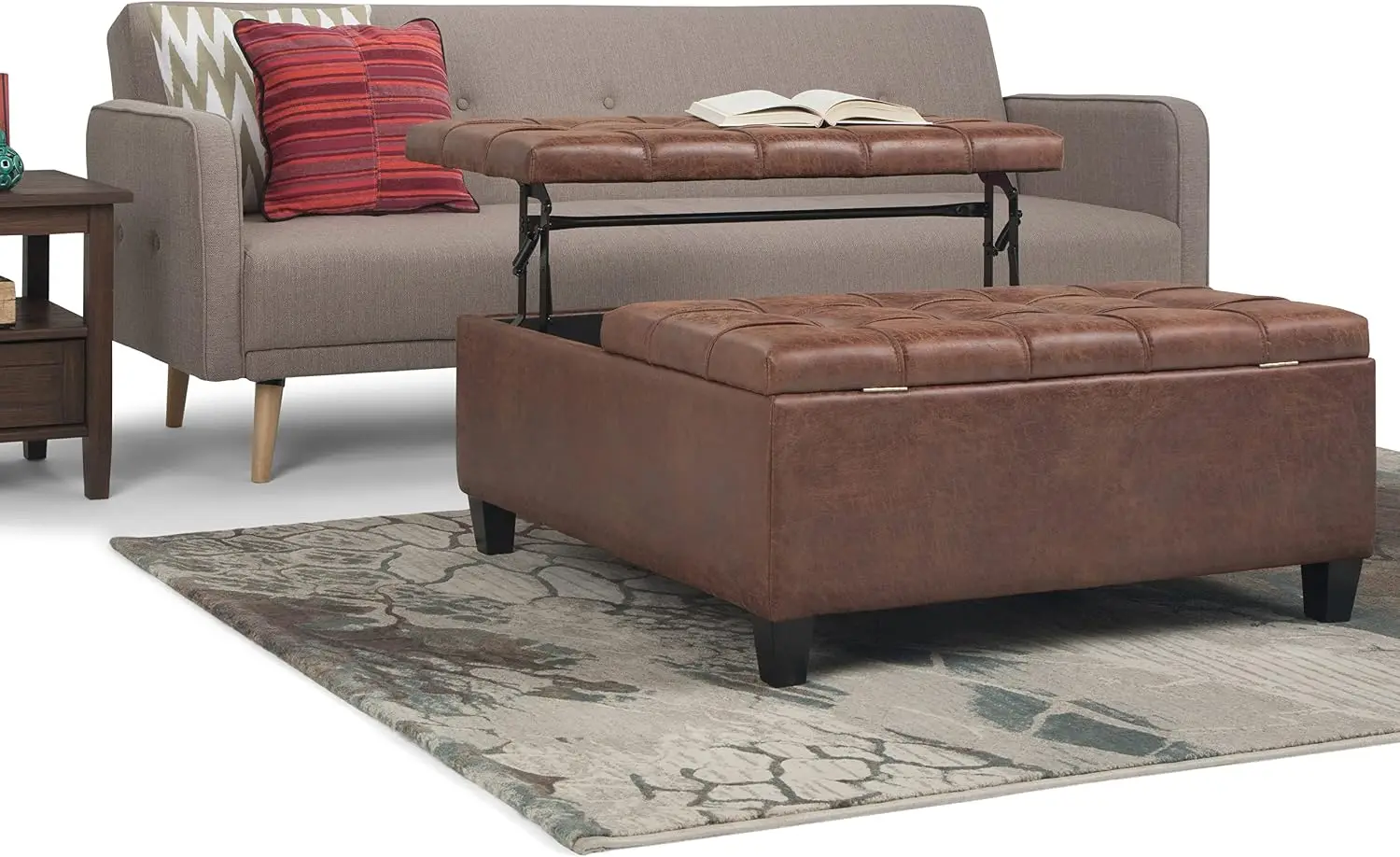 Square Faux Leather Storage Ottoman Bench, Split Lift Top Coffee Table Footrest Stool With Concealed Organizer Compartment For Living Room Bedroom, Transitional Style, Saddle Brown, One Piece