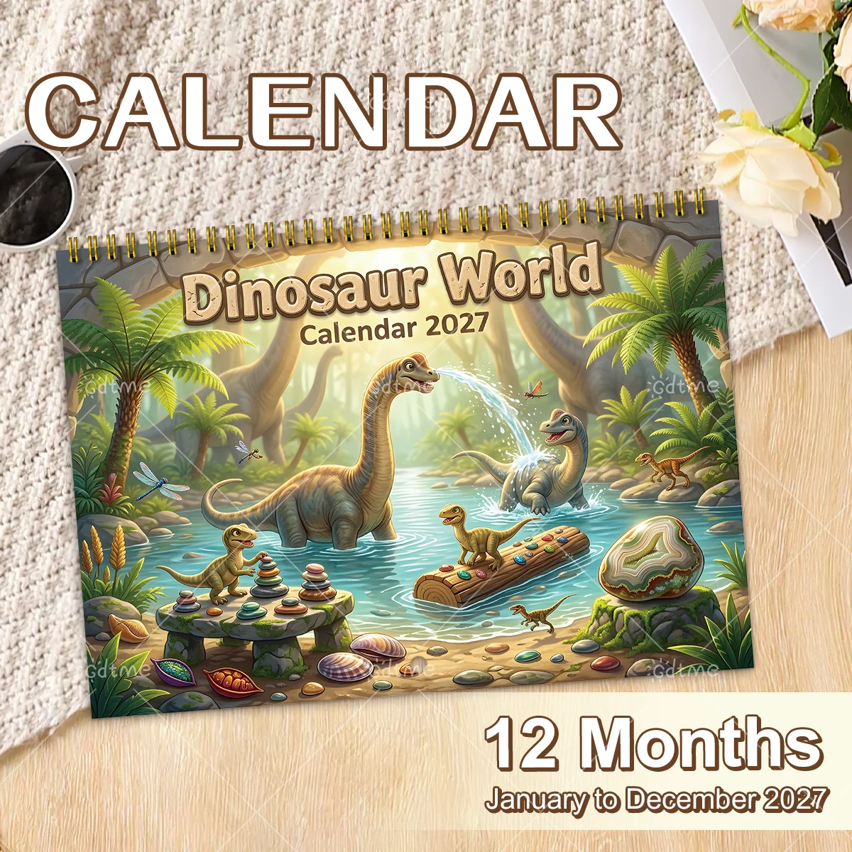 2027 Dinosaur World Wall Calendar, Prehistoric Dinosaur Scenes, 12 Months, Spiral Bound, Large Date Grid, Home Office Decor