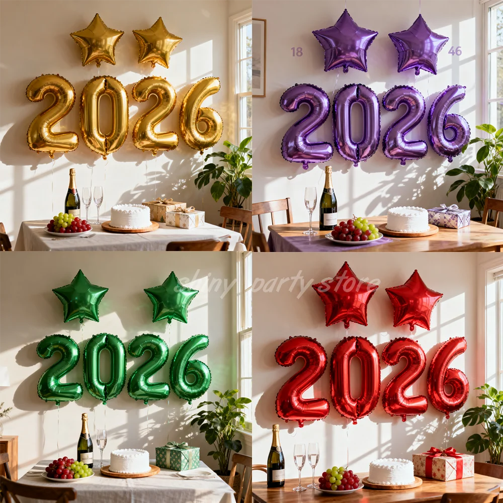 

2026 New Year Aluminum Foil Balloon Set 18inch Gold Pentagram Silver Red Green Purple 2026 Number 40inch Number Balloon
