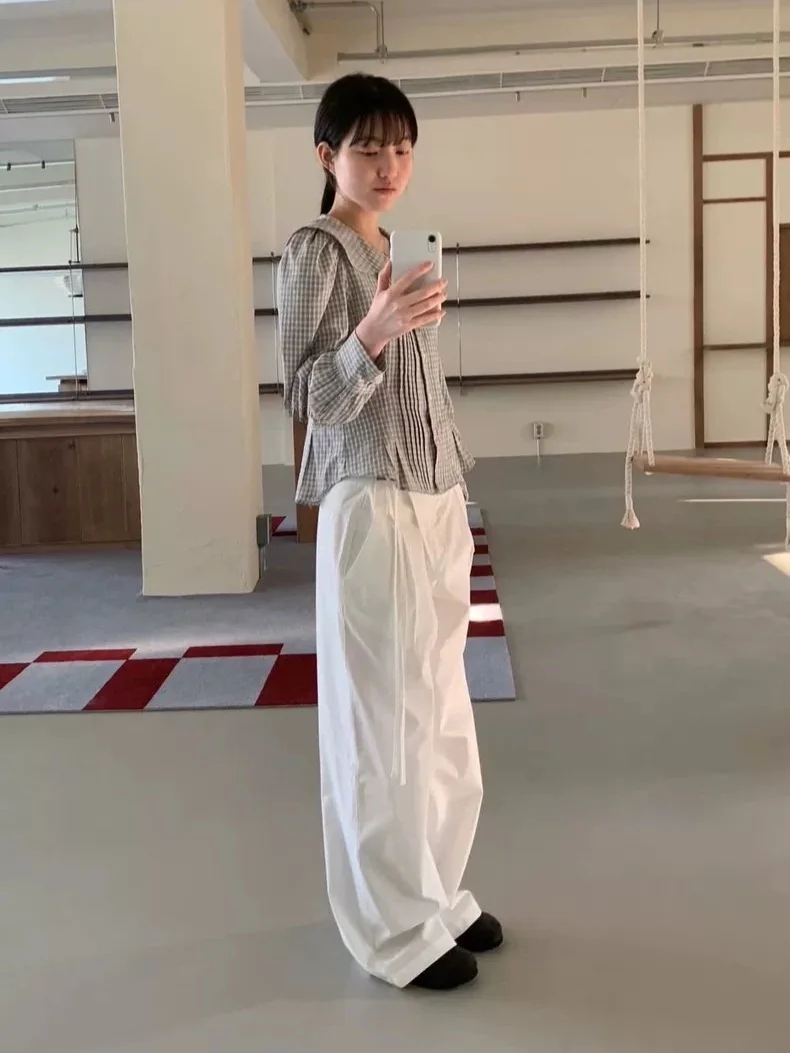 

High Waist Casual Pants with Belt Design And Doll Collar for Women Spring 2026 Fashion Set Cotton Long Sleeve Shirt And Pants
