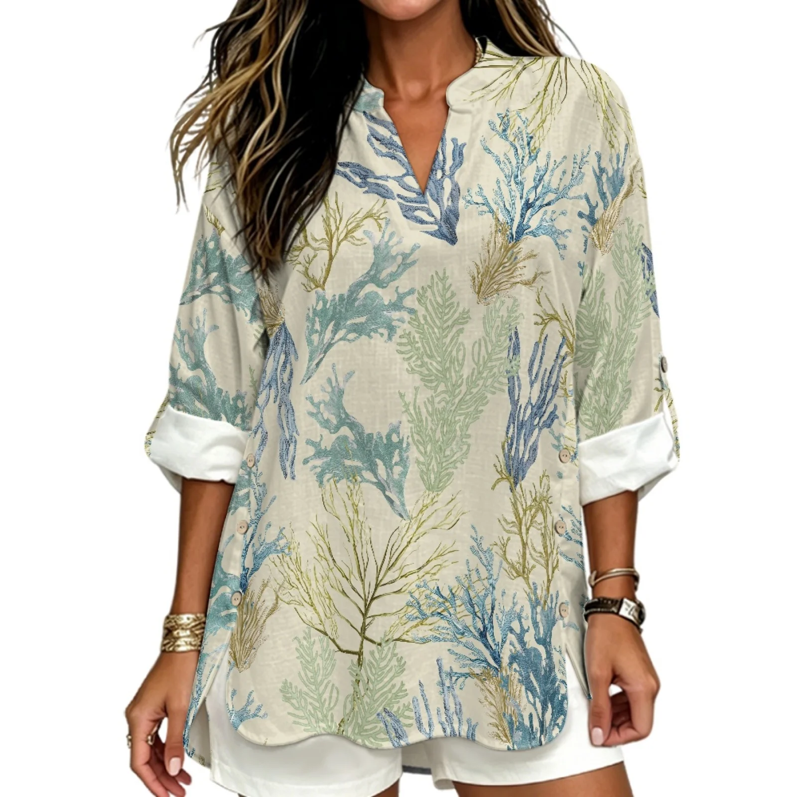 PENSTROLL Ocean Coral Pattern Pullover Long Sleeve Tops for Women for Womens Linen Like Casual Loose Fit Blouses Women's