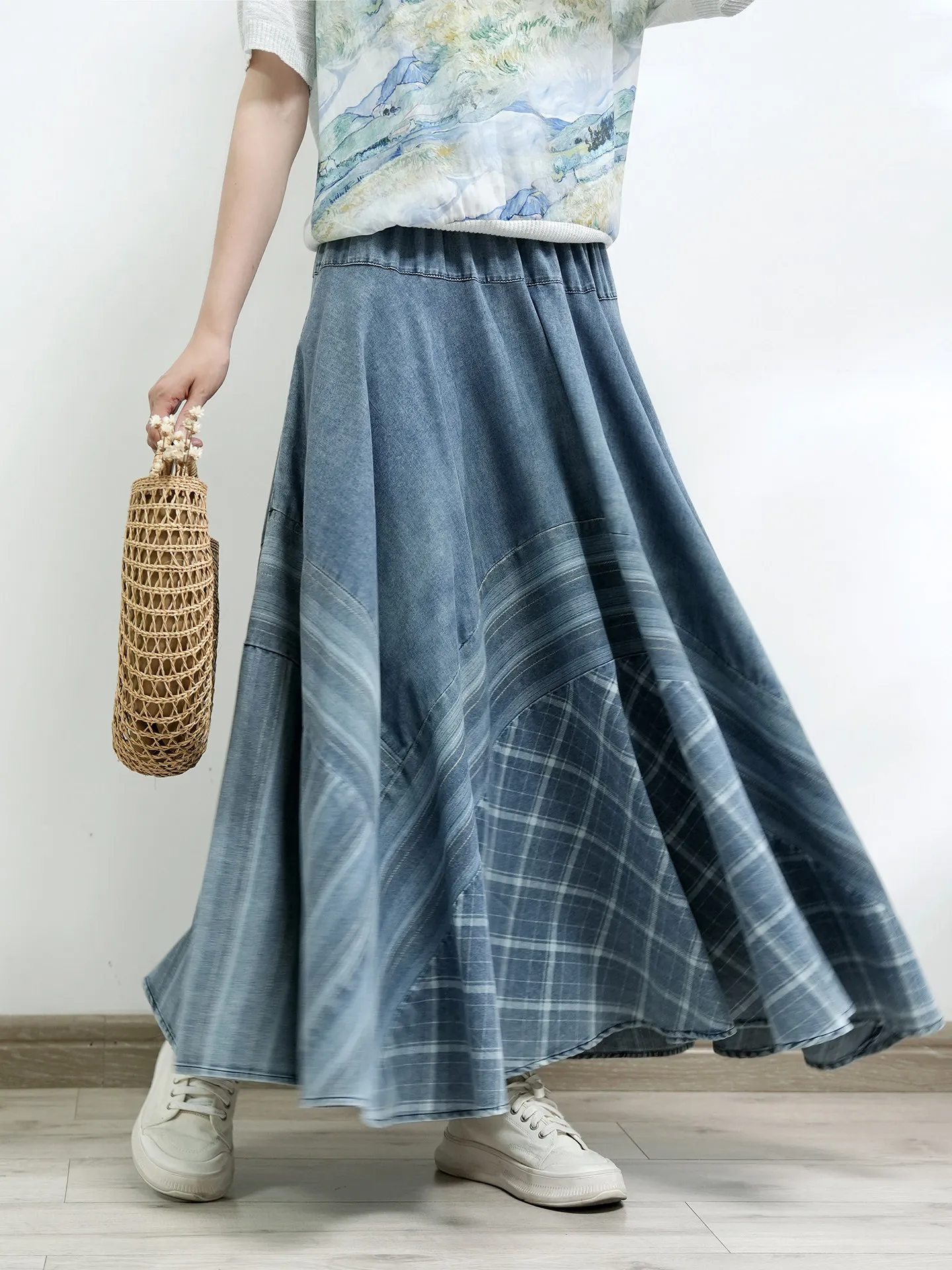 TIYIHAILEY Denim Maxi Skirt Spring Summer Casual A-Line Long Elastic Waist Big Hem Blue Jean 2026 Vintage New Plaid