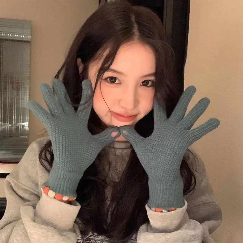 Guantes de punto con forro polar para estudiantes, guantes de ciclismo gruesos a prueba de viento, guantes de invierno sin dedos de Color sólido para ciclismo