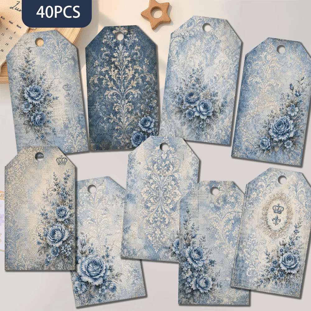 40pcs Vintage Blue Rose Decorative Tags, Holiday Gift Labels, Party Decorations, Handmade Packaging Accents, Jute Rope