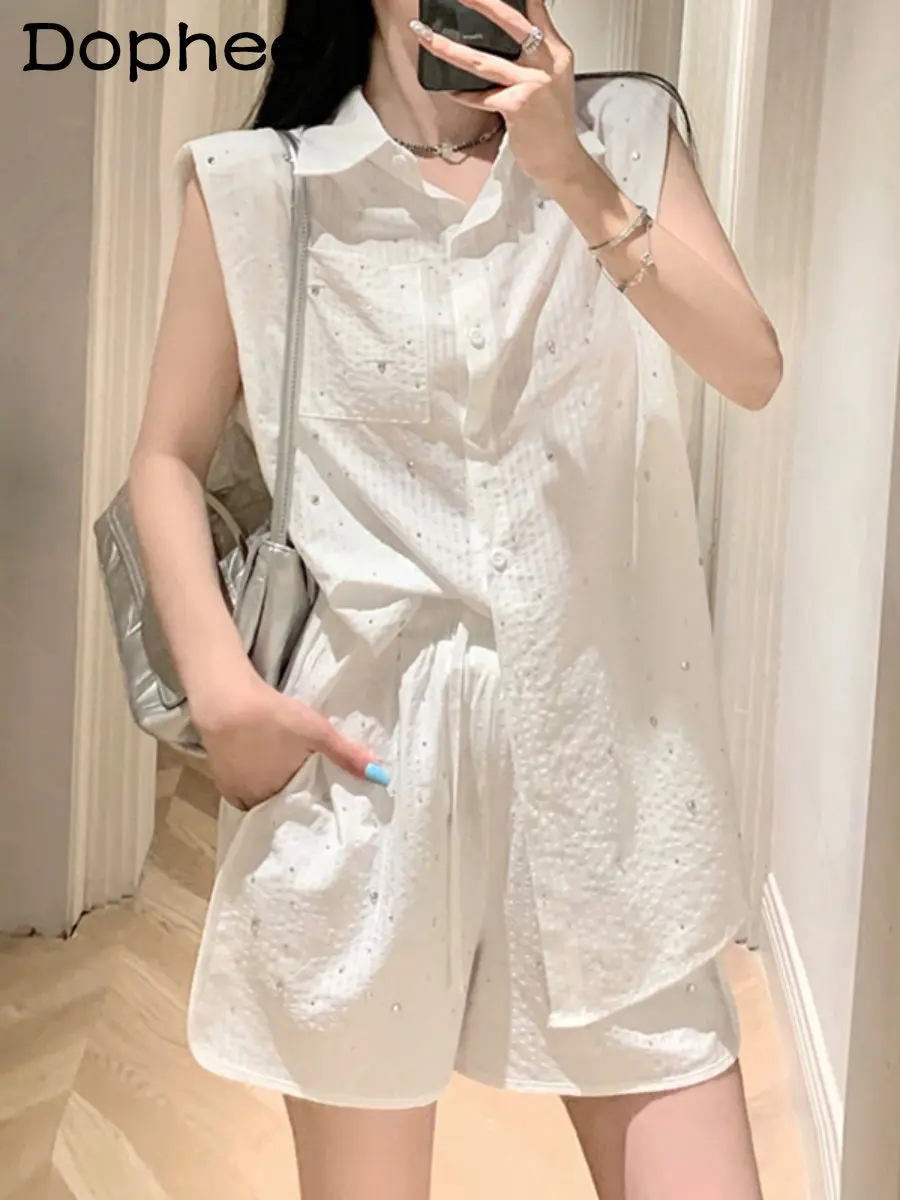

Heavy Embroidery Hot Drilling Starry Casual Shorts Suit Women 2023 Summer Fashion White Shirt Top Wide Leg Shorts Two-Piece Set