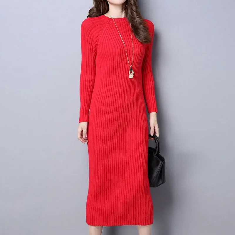 

Slim Simplicity Women's Solid Color Knitted Dress Autumn Winter Elegant Long Sleeve O-Neck All-match Dresses Female Clothing