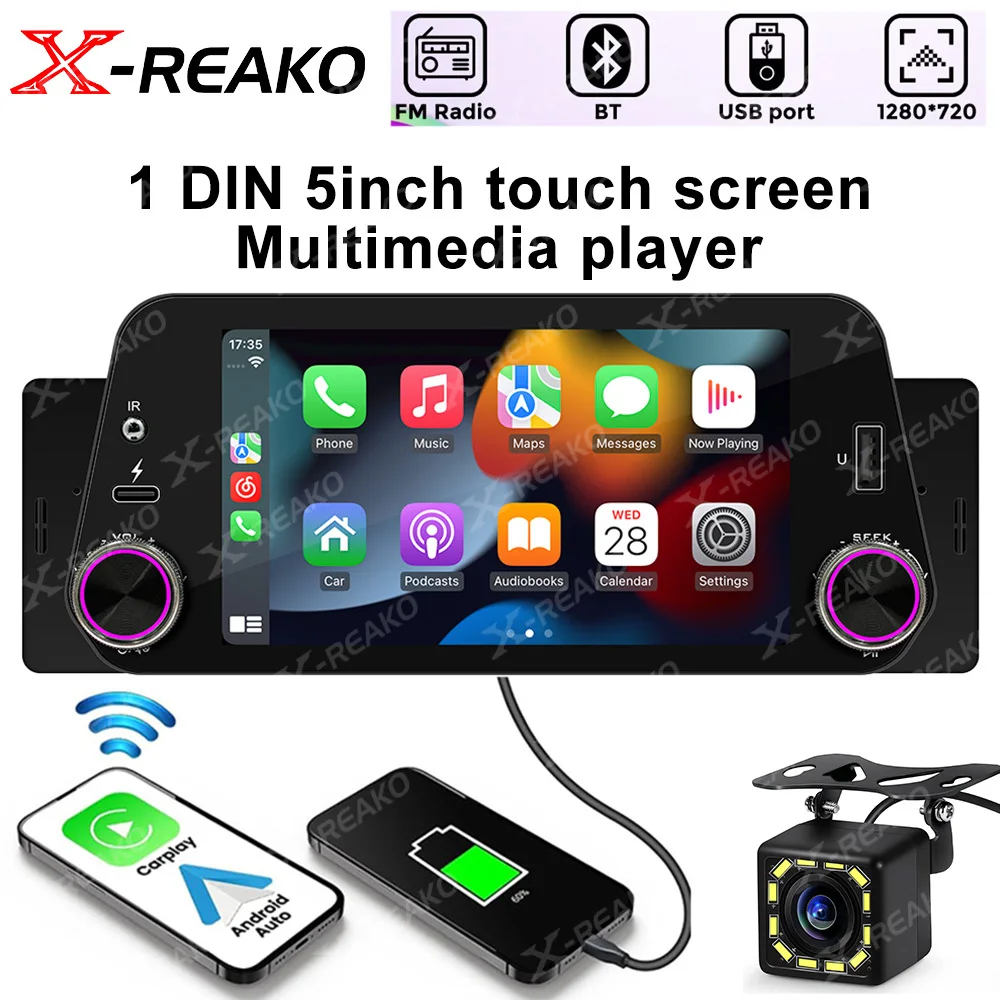 

X-REAKO 1Din 5 inch Touch Screen Car Radio Multimedia MP5 Player Wired Carplay Android Auto Mirrorlink 1 din Car Stereo BT FM