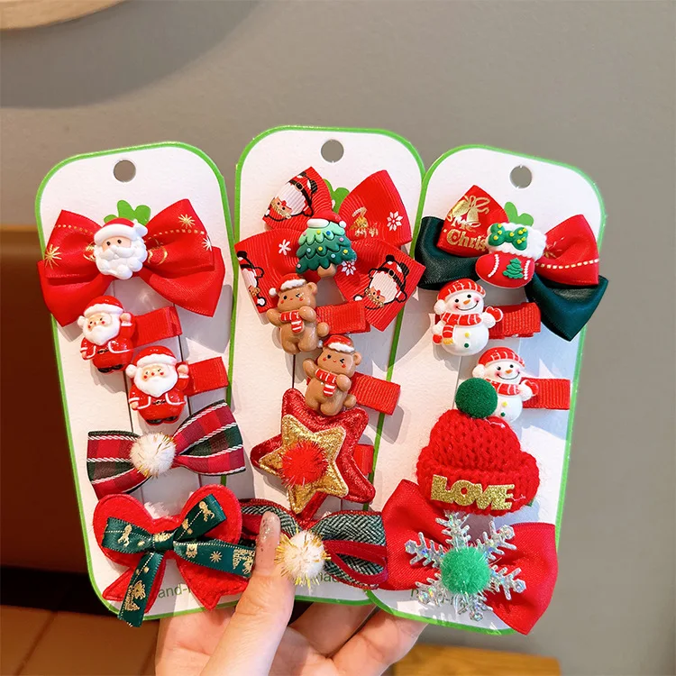 5-Piece Christmas Hair Clips Set for Kids - Santa Tree Reindeer Side Hairpins Festival Party Gift