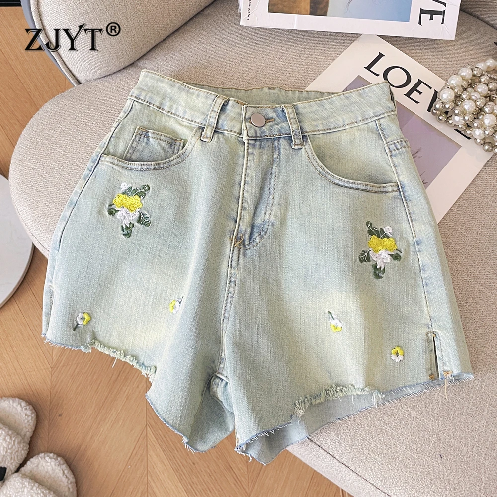 ZJYT High Street Fashion Women Embroidery Denim Shorts Women With Pocket Button Up High Waist Casual Jeans Shorts 2024 New