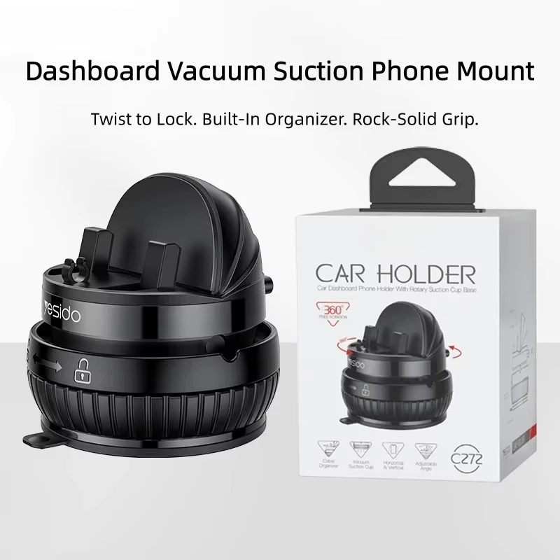 YESIDO 360 Rotating Car Phone Holder with Suction Cup and Cable Organizer Dashboard Mount