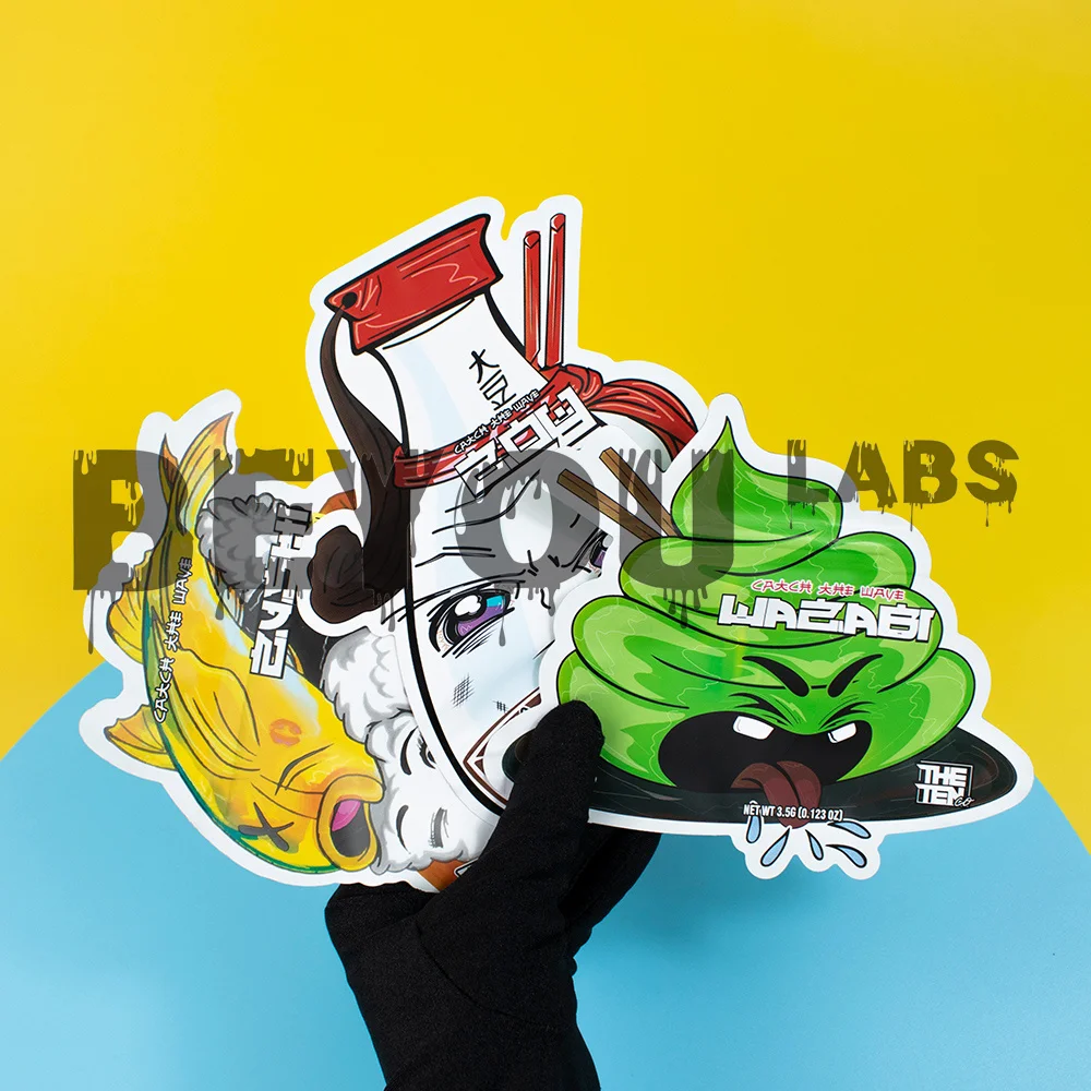 Pochettes Opp en plastique mat coupées en forme vide, sac plat de 3.5G, Sauce à Sushi, dessin animé, bonbons, biscuits, chocolat gommeux, emballage personnalisé