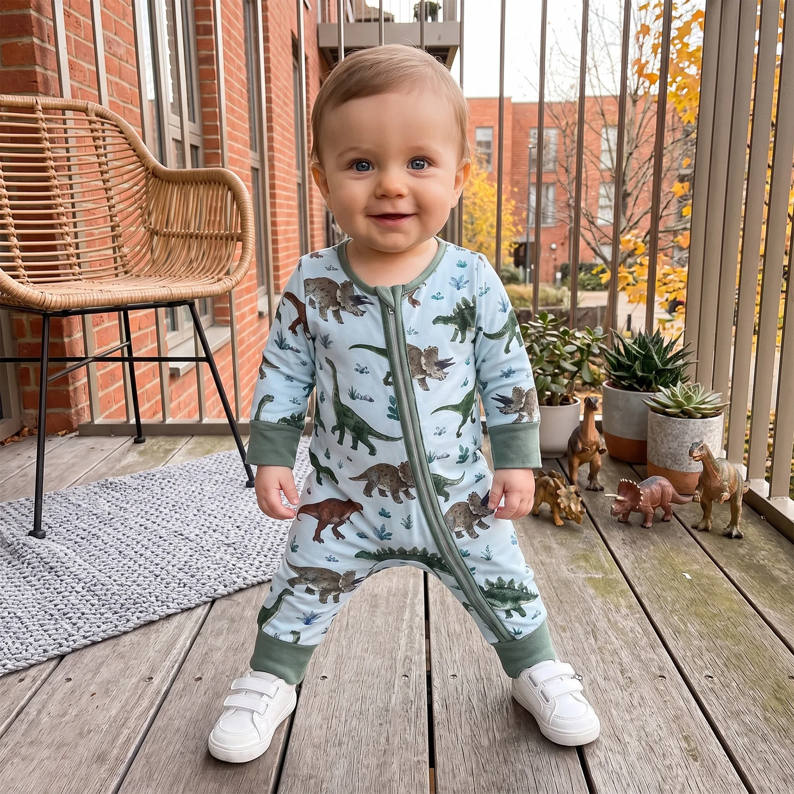 Baby Boy Fall Zipper Romper Fun Dinosaur Print Long Sleeve Jumpsuit